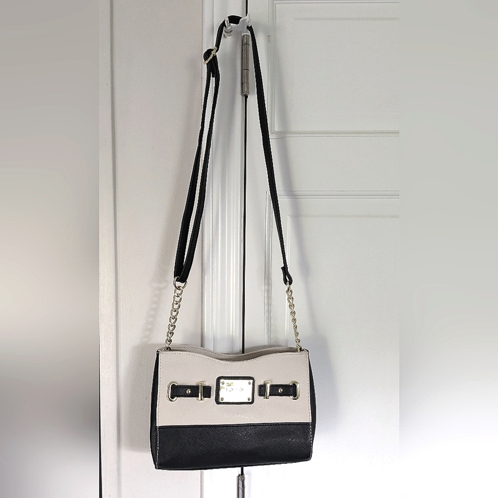 Nicole By Nicole Miller Black and White Crossbody Bag With Gold Chain Strap